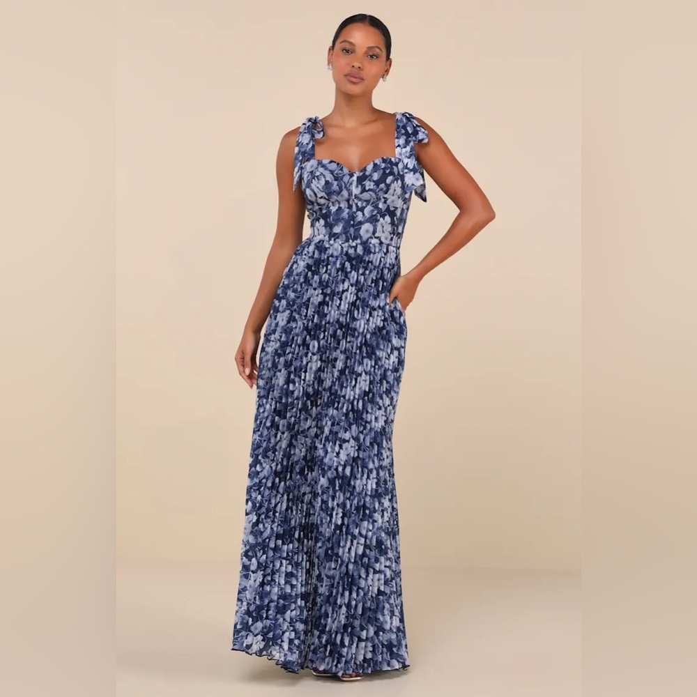 NEW Navy Blue Floral Bustier Tie-Strap Maxi Formal Dress Size Small NWT